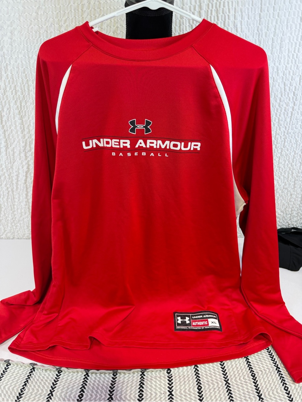 Under Armour Red Long-Sleeve Baseball Pullover with White Accents